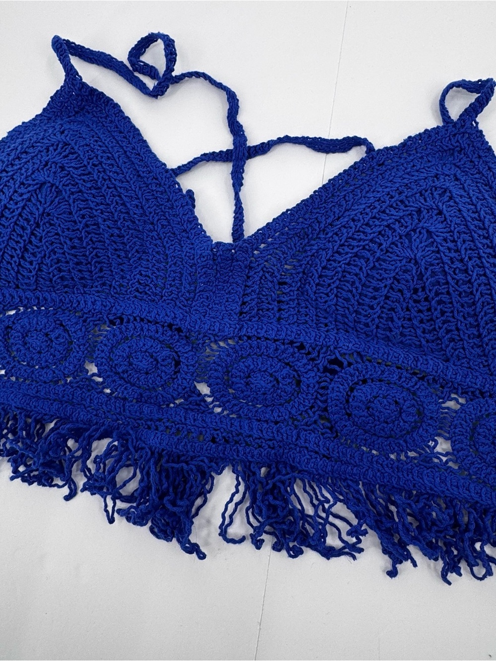 Sans Souci Blue Crochet Halter Crop Top Fringe Padded Boho Y2K M NWT